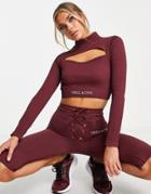 Twill Active Recycled Long Sleeve Seamless Cut Out Crop Top In Burgundy-red