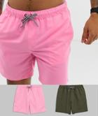 Asos Design Swim Shorts 2 Pack In Pink & Khaki In Mid Length - Multi