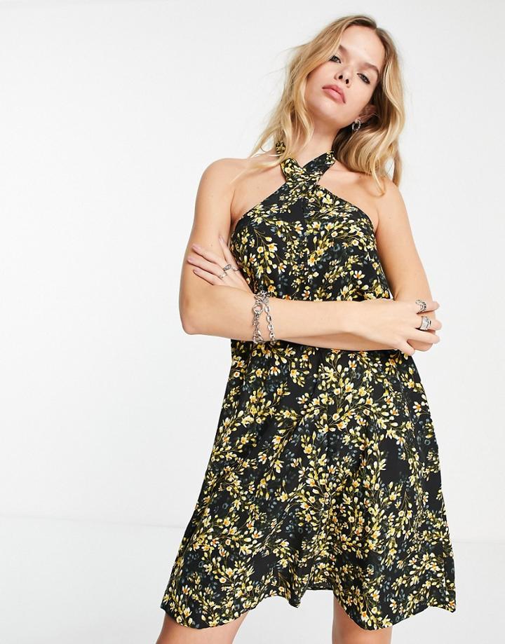 Vila Halterneck Crossed Neck Smock Mini Dress In Dark Floral Print-black