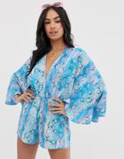 Asos Design Kimono Sleeve Plunge Front Beach Romper In Neon Snake Print - Multi