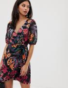 Talulah Wildberry Abstract Floral Wrap Dress - Black