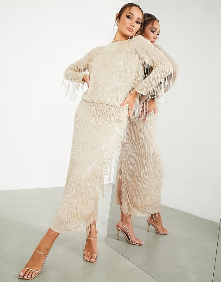 Asos Edition Sequin & Fringe Open Back Top In Blush-silver