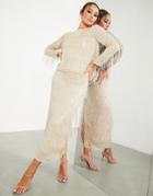 Asos Edition Sequin & Fringe Open Back Top In Blush-silver