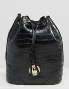 Verscae Jeans Moc Croc Bucket Drawstring Shoulder Bag - Black