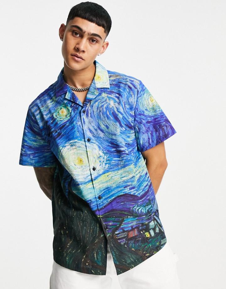Asos Design Van Gogh Relaxed Revere Shirt In Artwork Print-blues