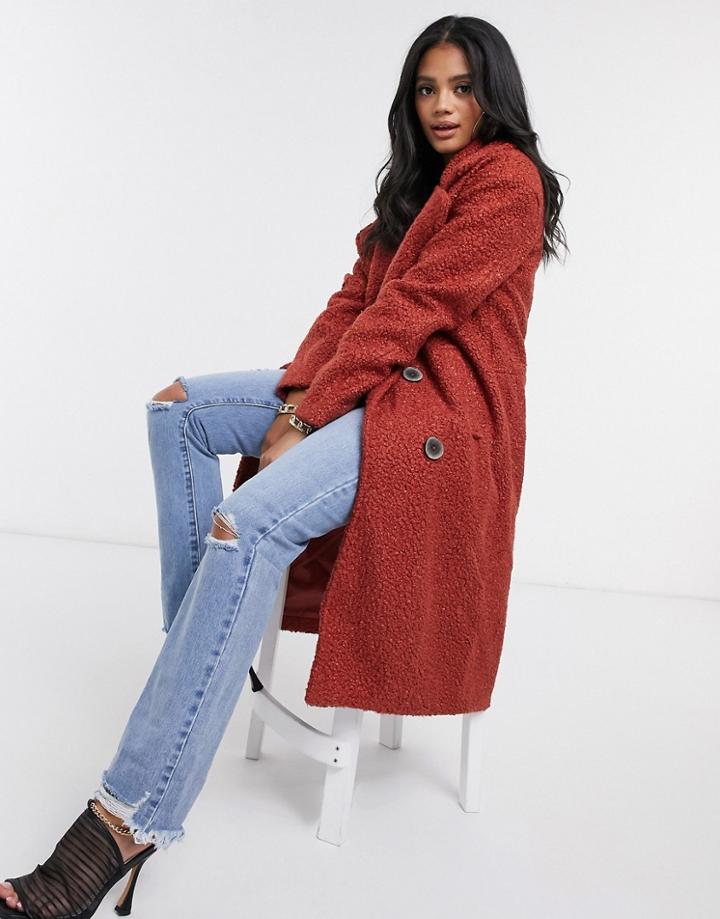 Missguided Double Breasted Cocoon Coat In Rust-red