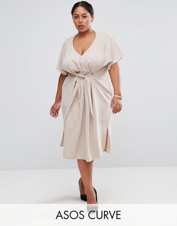 Asos Curve V Neck Midi Column With Eyelet And Tie - Pink