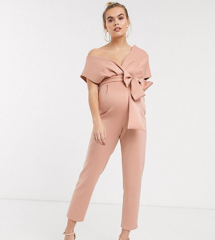 Asos Design Maternity Fallen Shoulder Scuba Jumpsuit In Blush-pink
