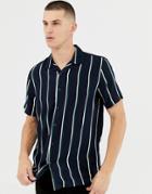 New Look Regular Fit Viscose Shirt With Revere Collar In Navy Stripe - Navy