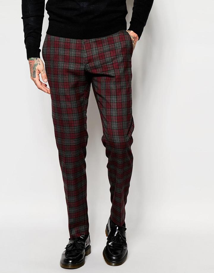 Asos Skinny Suit Trousers In Red Tartan Check