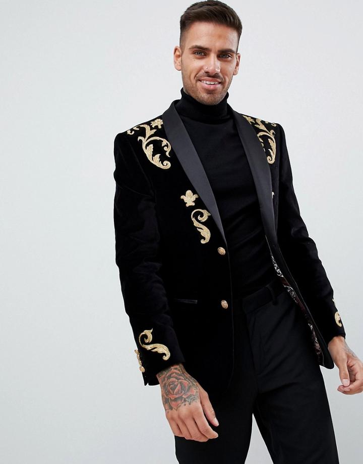 River Island Regal Velvet Blazer With Gold Embroidery In Black - Black