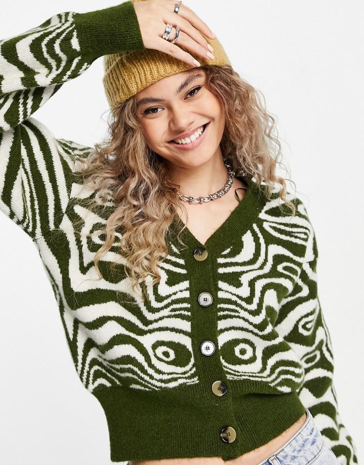 Topshop Knitted Swirl Cardi In Khaki-green