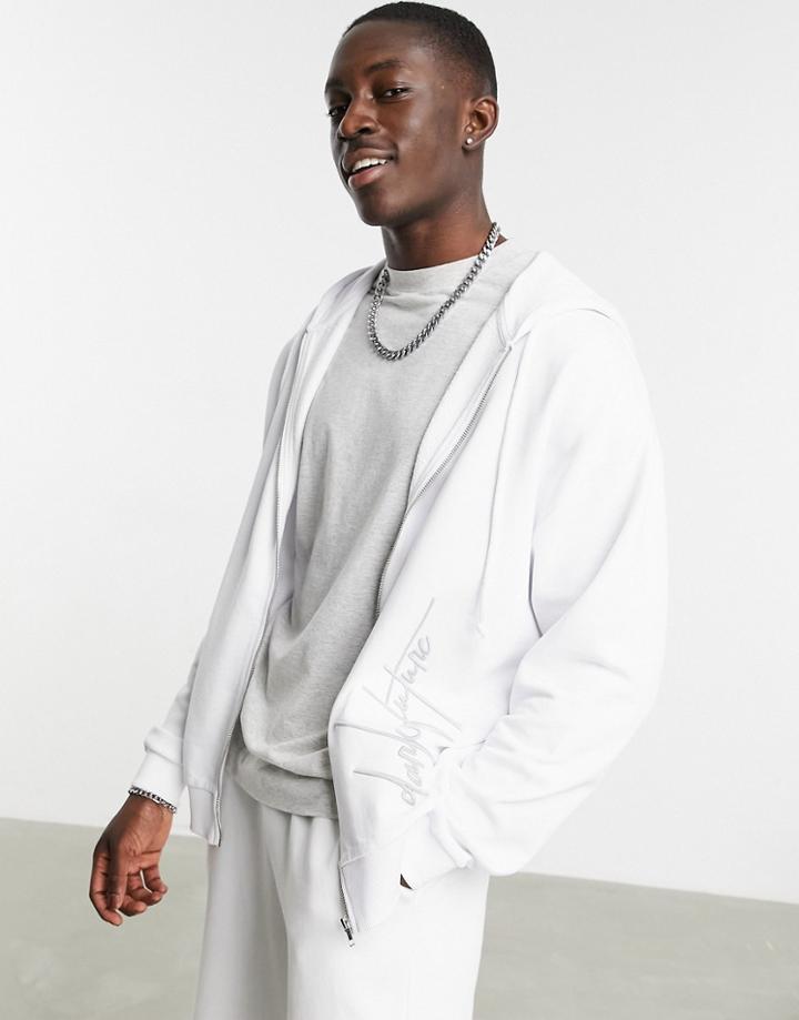 Asos Dark Future Oversized Zip Through Hoodie In White With Embroidery