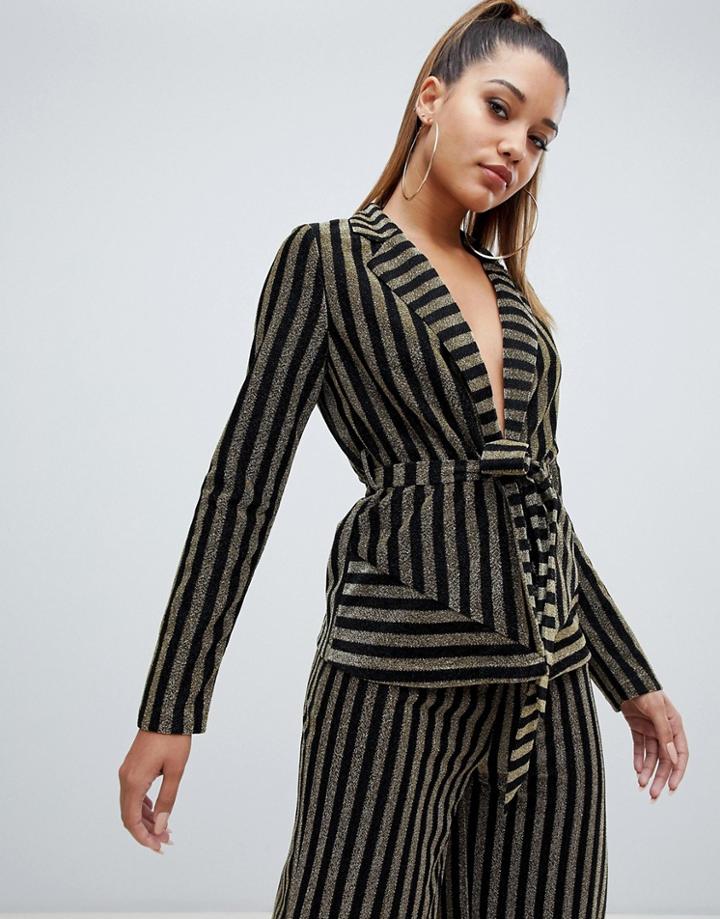 Prettylittething Tie Waist Blazer In Metallic Stripe - Multi