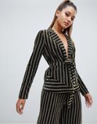 Prettylittething Tie Waist Blazer In Metallic Stripe - Multi