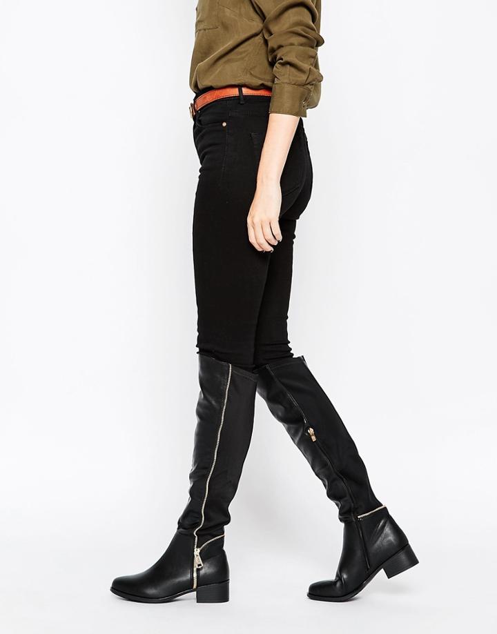 Truffle Collection Zip Flat Knee Boots - Black Pu