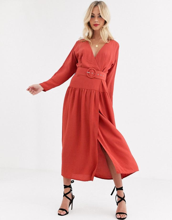 Asos Design Wrap Maxi Dress With Buckle Belt-brown