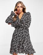 Ax Paris Midi Dress With Ruched Sleeves In Black & Pink Floral