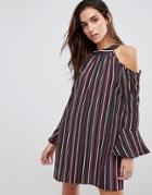 Band Of Gypsies Pinstripe Cold Shoulder Dress - Multi