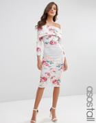 Asos Tall Deep Fold Off The Shoulder Floral Midi Pencil Dress - Multi