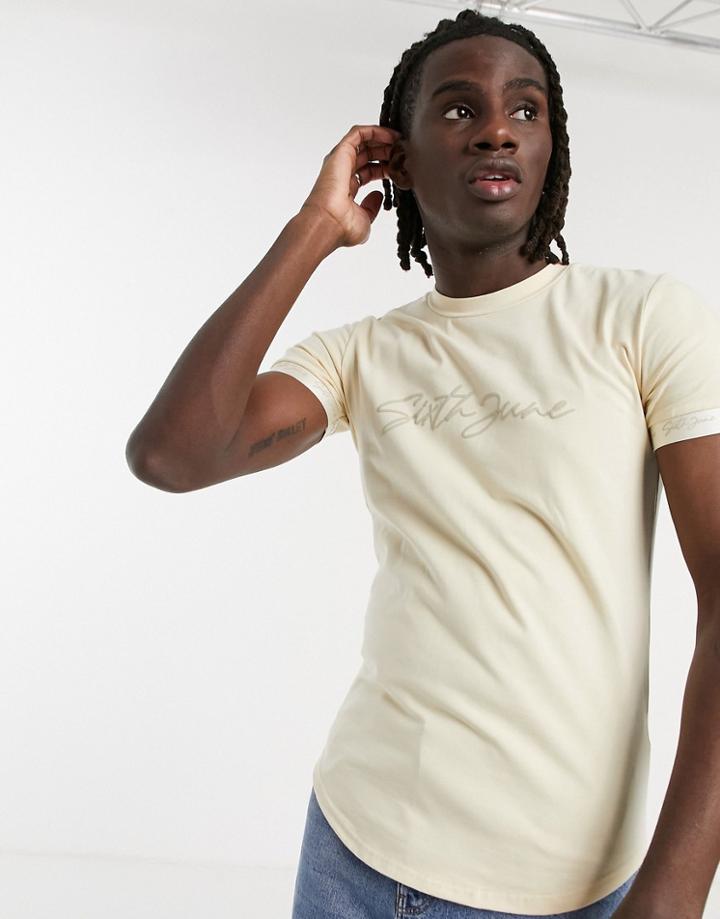 Sixth June Signature Velvet Logo T-shirt In Beige-neutral