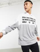 Asos Design Oversized Long Sleeve Polo Shirt In Gray Heather With Text Print-grey