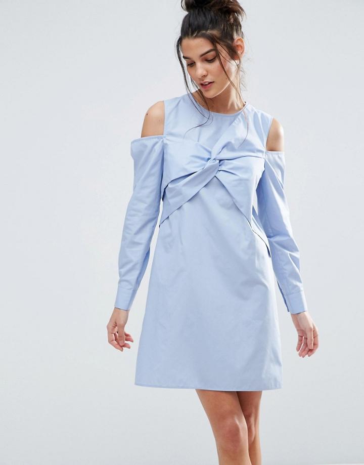 Asos Cold Shoulder Origami Detail Cotton Shirt Dress - Blue