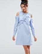 Asos Cold Shoulder Origami Detail Cotton Shirt Dress - Blue