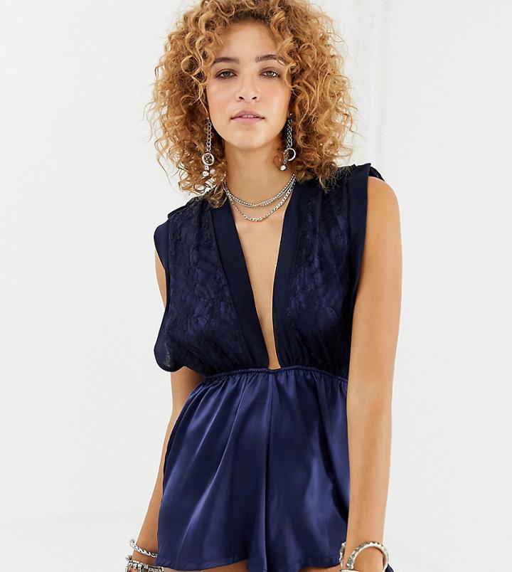 Sacred Hawk Sleeveless Romper With Sheer Back - Blue