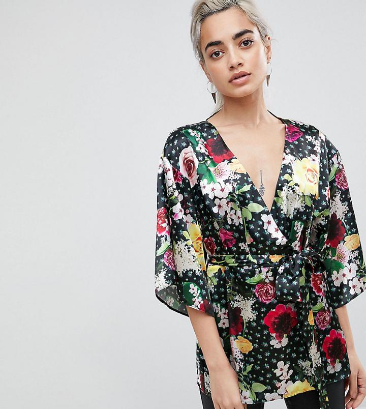 Asos Petite Kimono Wrap Top In Digi Floral - Multi