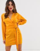 Asos Design Mini Dress With Batwing Sleeve And Wrap Waist In Satin - Gold