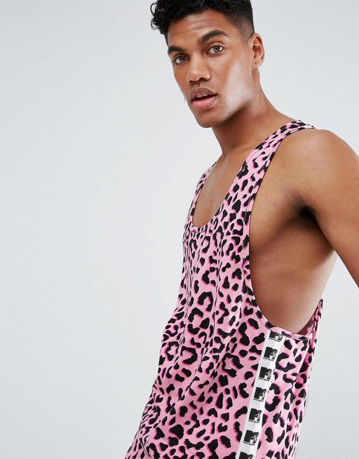 Asos X Mtv Extreme Racer Back Tank With All Over Leopard Print - Pink