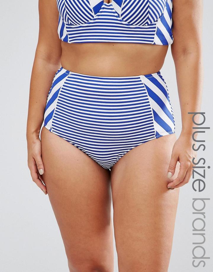 City Chic Curve Breton Stripe Highwaisted Bikini Bottoms - Navy