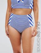 City Chic Curve Breton Stripe Highwaisted Bikini Bottoms - Navy