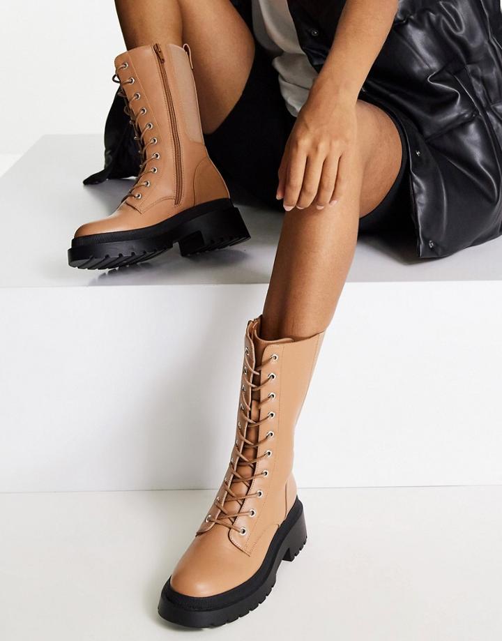 Miss Selfridge Rebound Camel Lace Up Knee Boots-brown