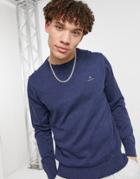 Gant Icon Logo Classic Cotton Knit Sweater In Dark Jeans Blue Heather-blues