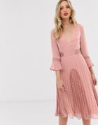 Asos Design Plunge Neck Lace Insert Pleated Midi Dress - Pink