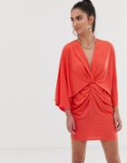 Flounce London Wrap Front Kimono Satin Mini Dress In Rust - Brown