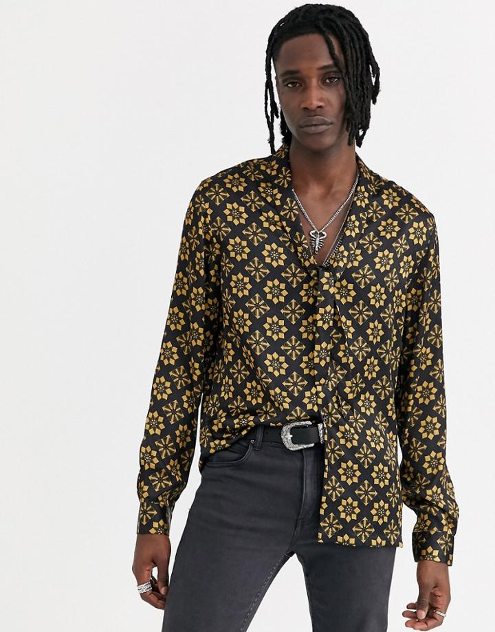 Asos Design Regular Fit Geo Shirt With Pussy Bow Tie-black