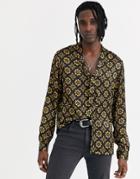 Asos Design Regular Fit Geo Shirt With Pussy Bow Tie-black
