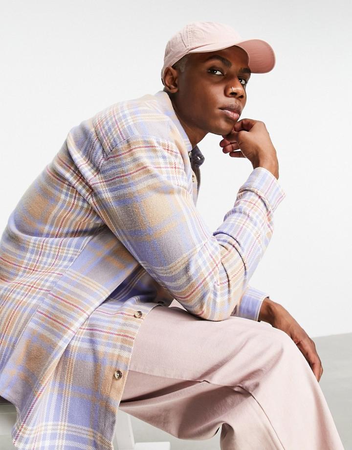 Asos Design 90s Oversized Brushed Flannel Check Shirt In Lilac And Beige-blues