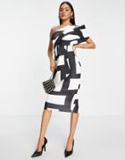 Asos Design Peekaboo Shoulder Tuck Midi Pencil Dress In Mono Check-multi