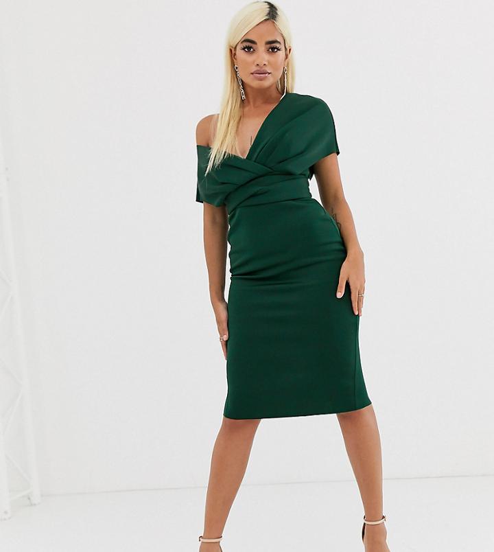 Asos Design Petite Fallen Shoulder Midi Pencil Dress With Tie Detail-green