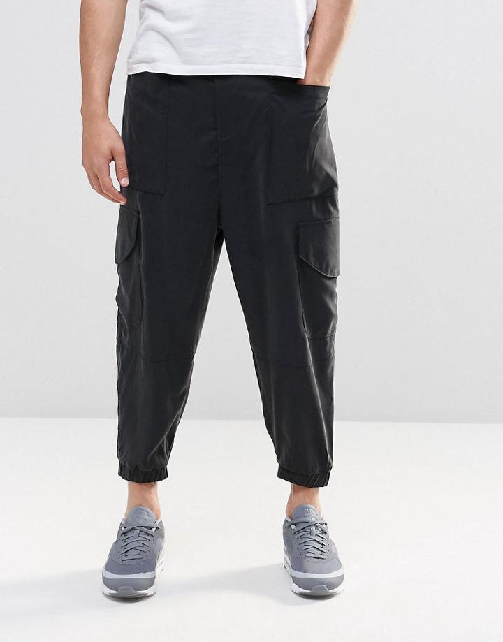 Asos Drop Crotch Cropped Cargo Joggers In Black - Black