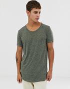 Asos Design Longline T-shirt With Scoop Neck And Curved Hem In Linen Mix - Green