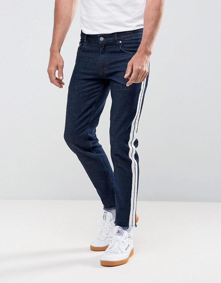Asos Stretch Slim Jeans In Indigo With Retro Side Stripe And Raw Hem - Blue