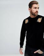Asos Sweatshirt In Velour With Floral Embroidery - Black