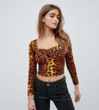 Asos Design Petite Long Sleeve Top With Cup Detail In Animal Print - Multi