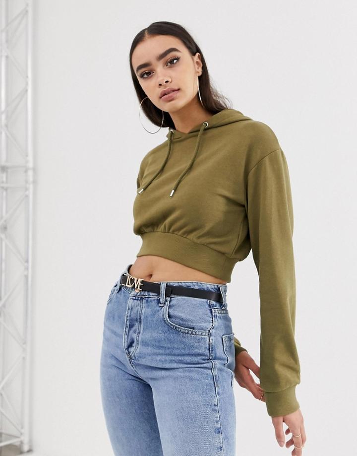 Asos Design Super Crop Hoodie In Khaki-green