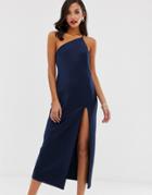 Asos Design One Shoulder Midaxi Dress In Satin With Drape Back In Navy